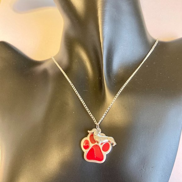 Dachshund Dog Paw Print Necklace Doxie 24" Chain Silver Plated Red Enamel - Picture 3 of 10